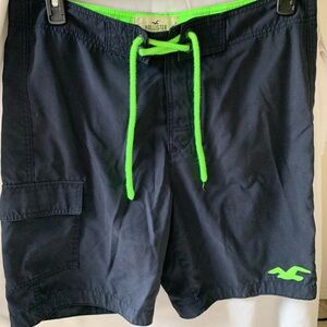 Hollister Men's Navy Swim Shorts with Neon Green Accents